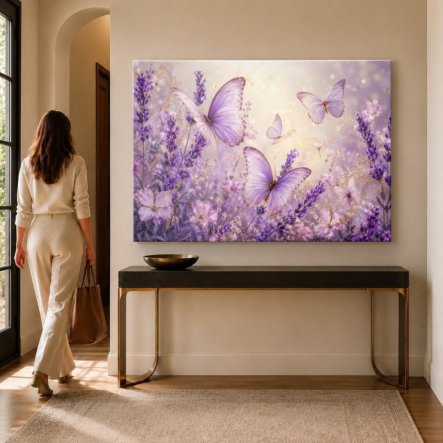 Butterflies 3 tempered glass wall art displayed in a Entryway Wall Art — premium UV-printed glass panel by Glass Wall Decor