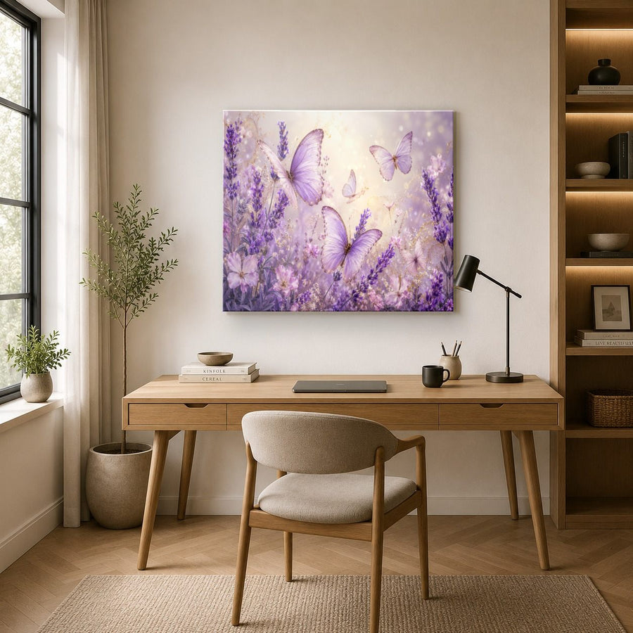 Butterflies 3 tempered glass wall art displayed in a Office Wall Art — premium UV-printed glass panel by Glass Wall Decor