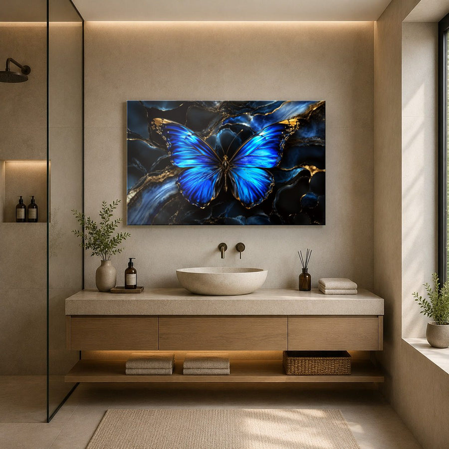 Butterflies 4 tempered glass wall art displayed in a Bathroom Wall Art — premium UV-printed glass panel by Glass Wall Decor