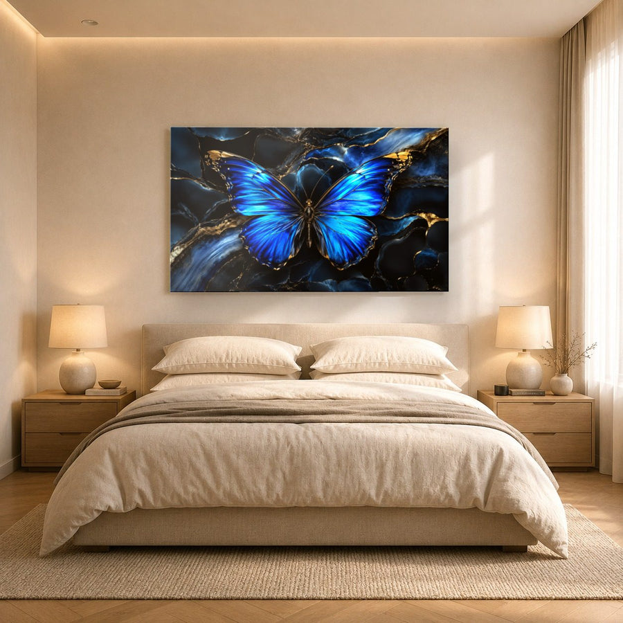Butterflies 4 tempered glass wall art displayed in a Bedroom Wall Art — premium UV-printed glass panel by Glass Wall Decor