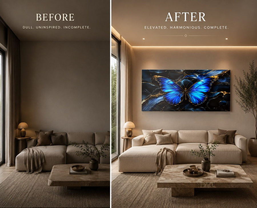 Butterflies 4 tempered glass wall art displayed in a Living Room Wall Art — premium UV-printed glass panel by Glass Wall Decor