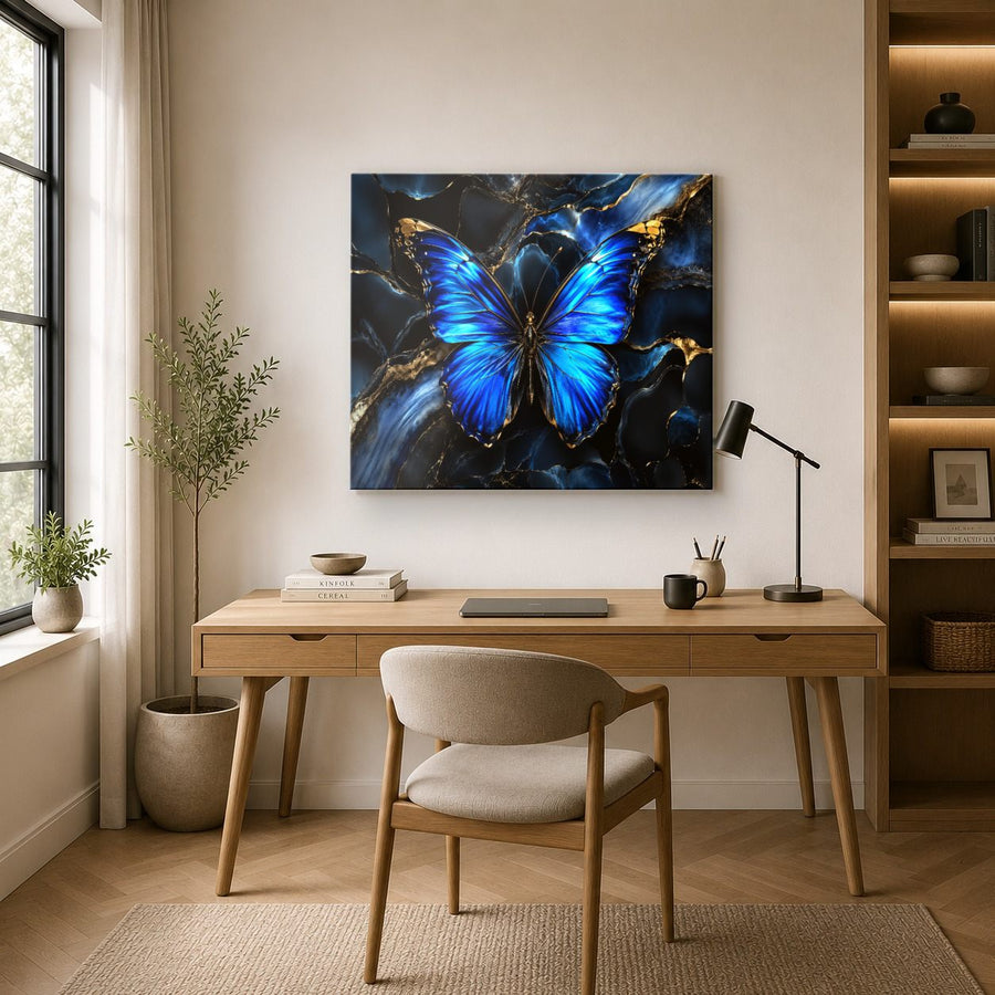 Butterflies 4 tempered glass wall art displayed in a Office Wall Art — premium UV-printed glass panel by Glass Wall Decor