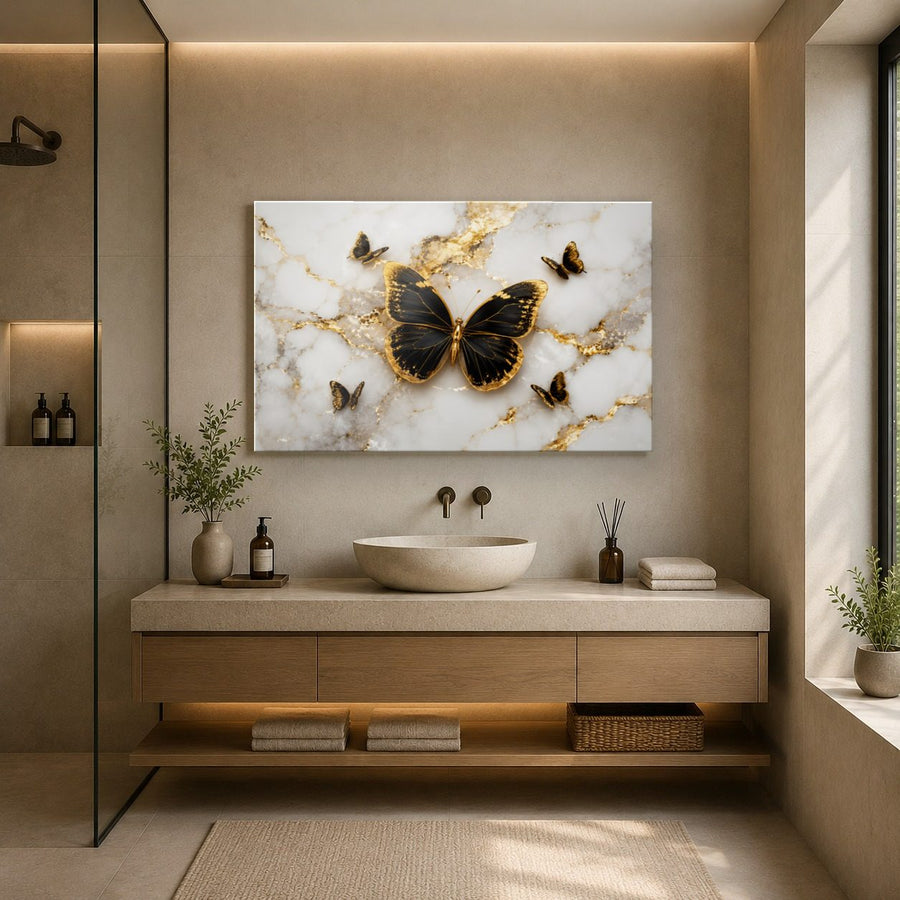 Butterflies 5 tempered glass wall art displayed in a Bathroom Wall Art — premium UV-printed glass panel by Glass Wall Decor