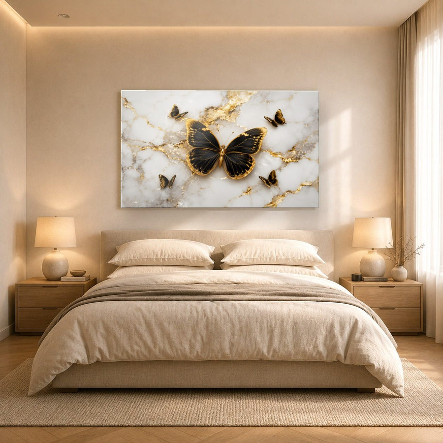 Butterflies 5 tempered glass wall art displayed in a Bedroom Wall Art — premium UV-printed glass panel by Glass Wall Decor