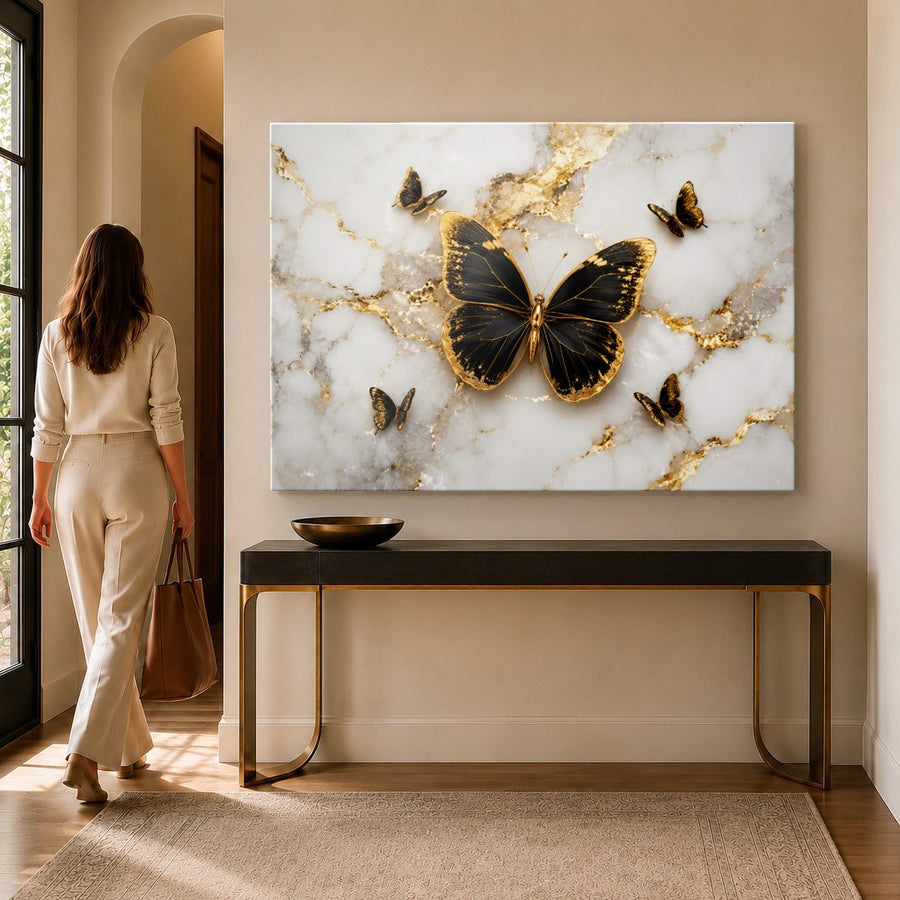 Butterflies 5 tempered glass wall art displayed in a Entryway Wall Art — premium UV-printed glass panel by Glass Wall Decor