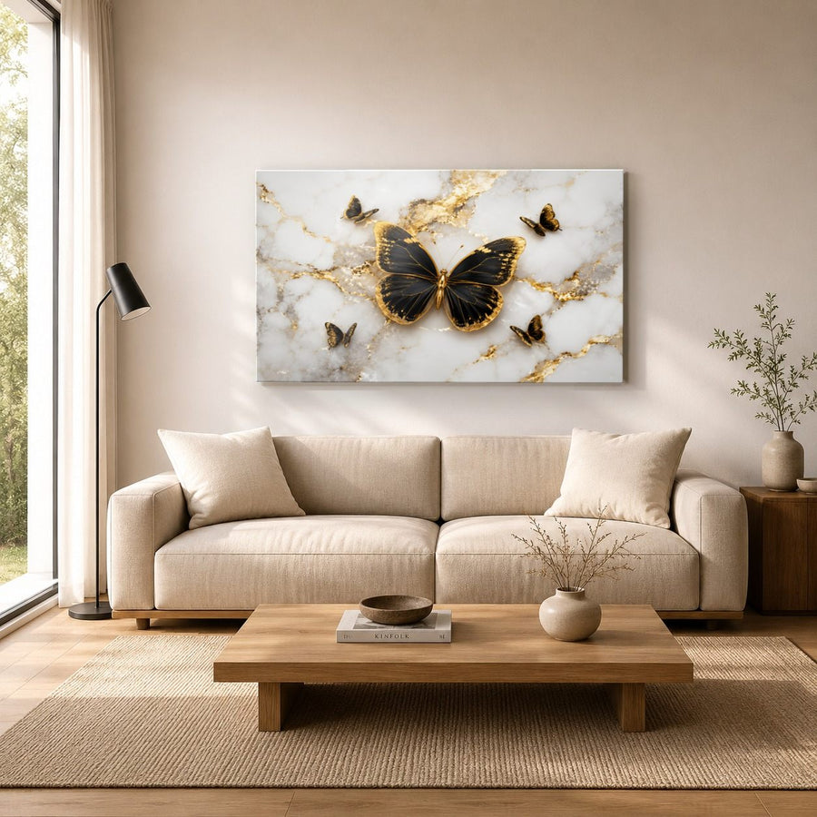 Butterflies 5 tempered glass wall art displayed in a Living Room Wall Art Tempered Glass — premium UV-printed glass panel by Glass Wall Decor