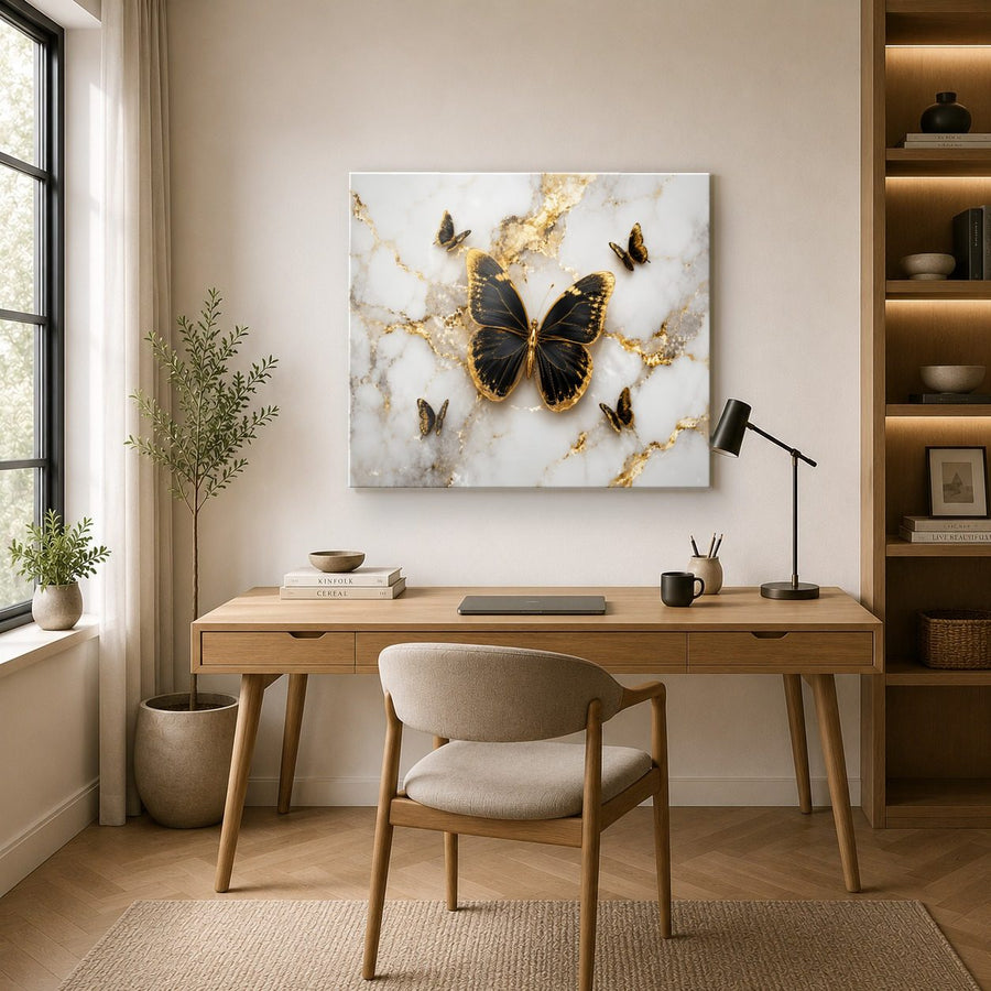 Butterflies 5 tempered glass wall art displayed in a Office Wall Art — premium UV-printed glass panel by Glass Wall Decor