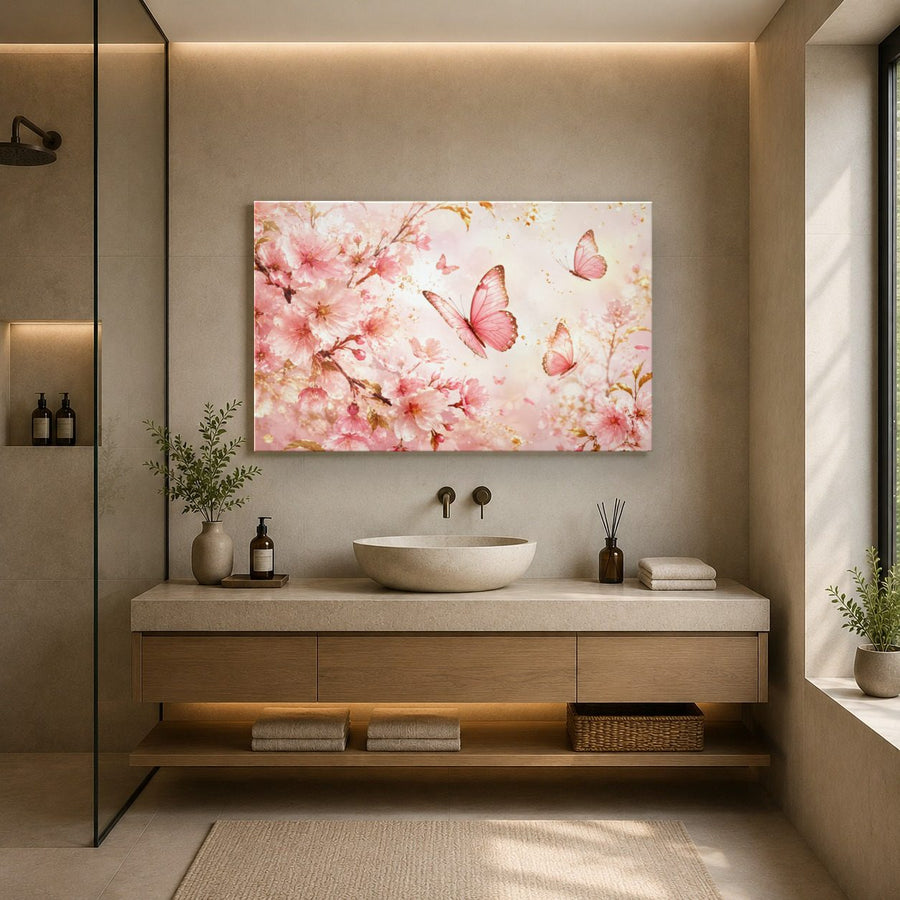 Butterflies 6 tempered glass wall art displayed in a Bathroom Wall Art — premium UV-printed glass panel by Glass Wall Decor