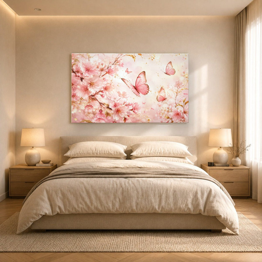 Butterflies 6 tempered glass wall art displayed in a Bedroom Wall Art — premium UV-printed glass panel by Glass Wall Decor