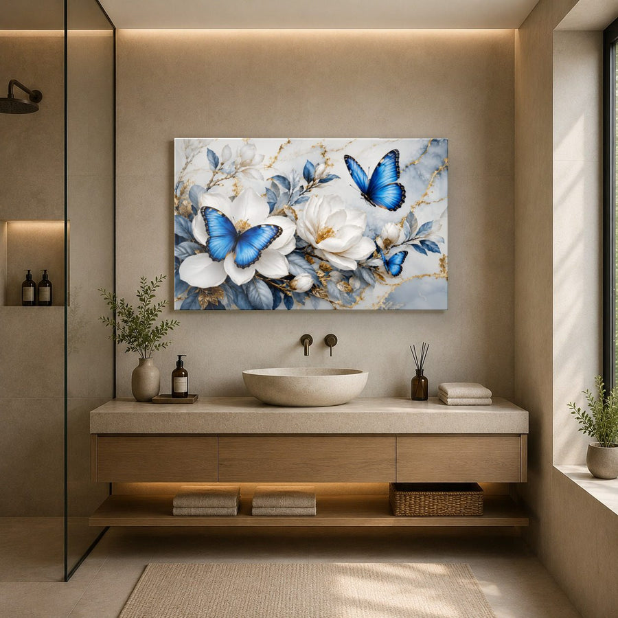 Butterflies 7 tempered glass wall art displayed in a Bathroom Wall Art — premium UV-printed glass panel by Glass Wall Decor
