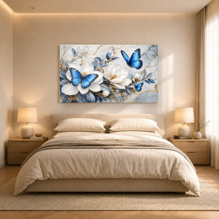 Butterflies 7 tempered glass wall art displayed in a Bedroom Wall Art — premium UV-printed glass panel by Glass Wall Decor
