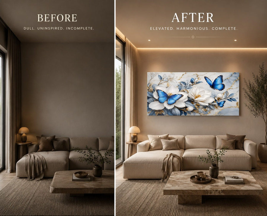 Butterflies 7 tempered glass wall art displayed in a Living Room Wall Art — premium UV-printed glass panel by Glass Wall Decor