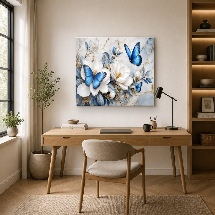 Butterflies 7 tempered glass wall art displayed in a Office Wall Art — premium UV-printed glass panel by Glass Wall Decor