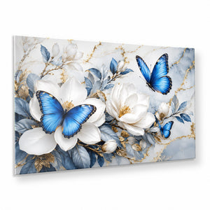 Blue Butterfly Magnolia Tempered Glass Wall Art