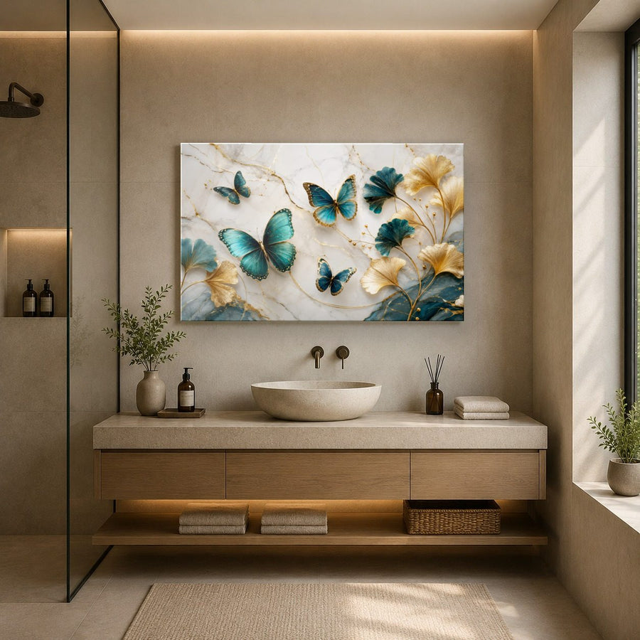 Butterflies 9 tempered glass wall art displayed in a Bathroom Wall Art — premium UV-printed glass panel by Glass Wall Decor