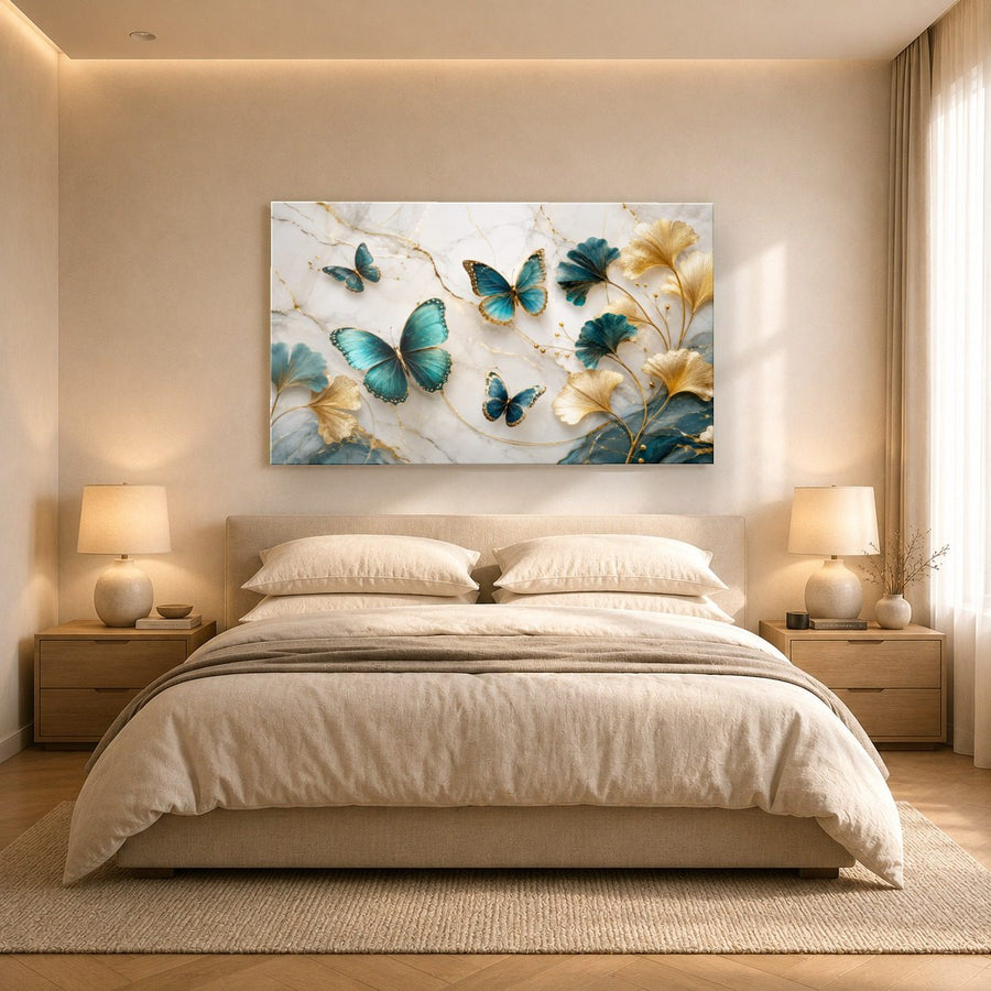 Butterflies 9 tempered glass wall art displayed in a Bedroom Wall Art — premium UV-printed glass panel by Glass Wall Decor