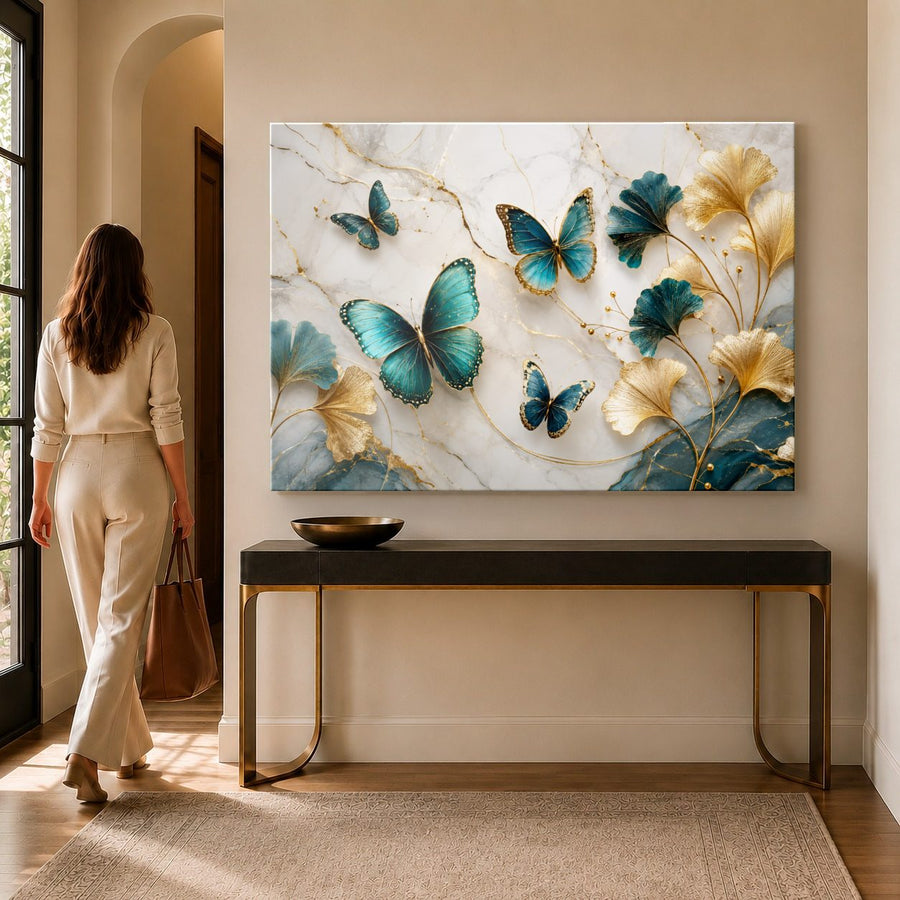 Butterflies 9 tempered glass wall art displayed in a Entryway Wall Art — premium UV-printed glass panel by Glass Wall Decor