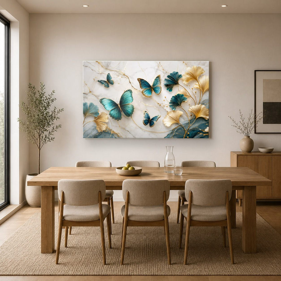 Butterflies 9 tempered glass wall art displayed in a Kitchen Glass Wall Art Decor — premium UV-printed glass panel by Glass Wall Decor