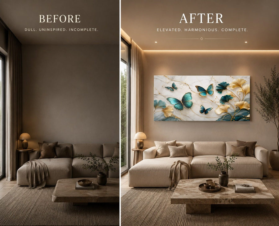 Butterflies 9 tempered glass wall art displayed in a Living Room Wall Art — premium UV-printed glass panel by Glass Wall Decor