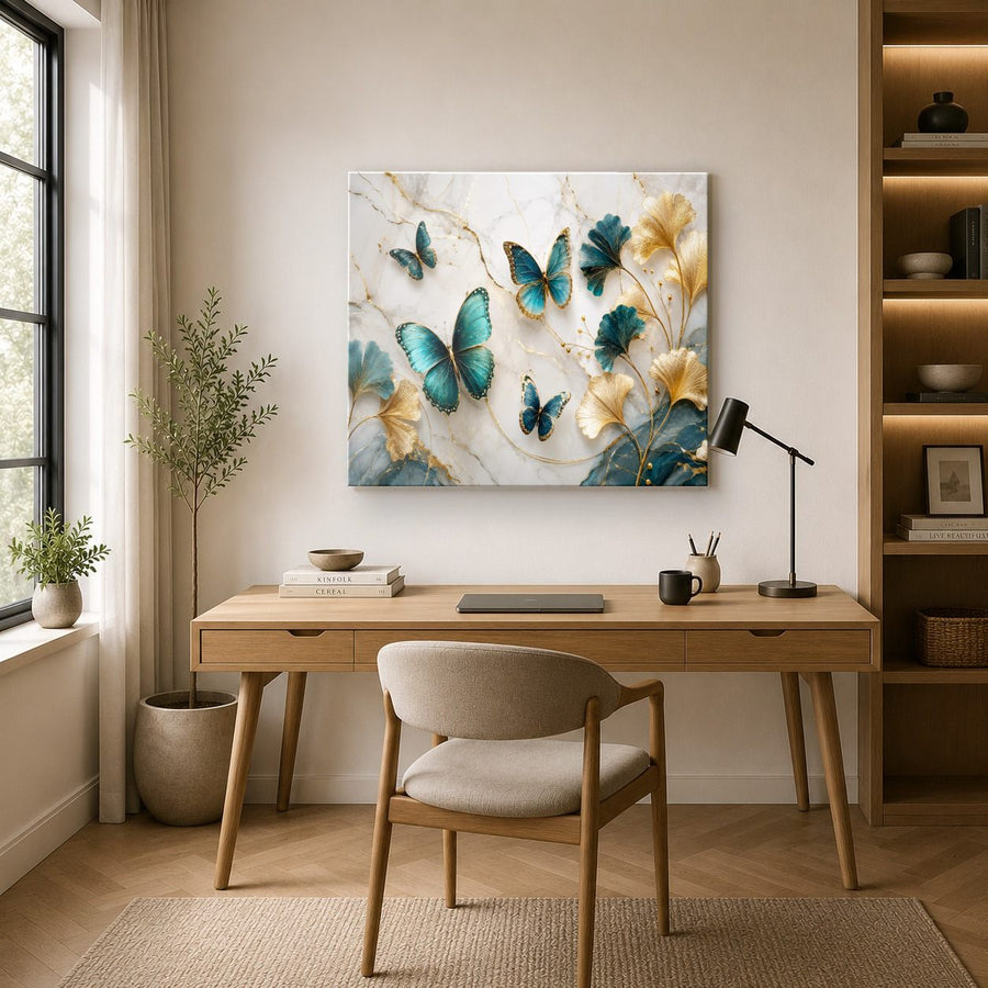 Butterflies 9 tempered glass wall art displayed in a Office Wall Art — premium UV-printed glass panel by Glass Wall Decor