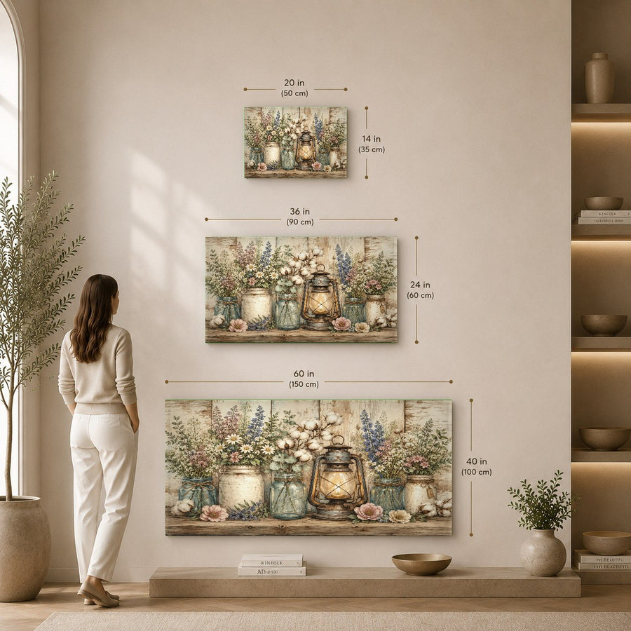 Side angle of a premium tempered glass art piece featuring a rustic country scene in a hotel lobby.