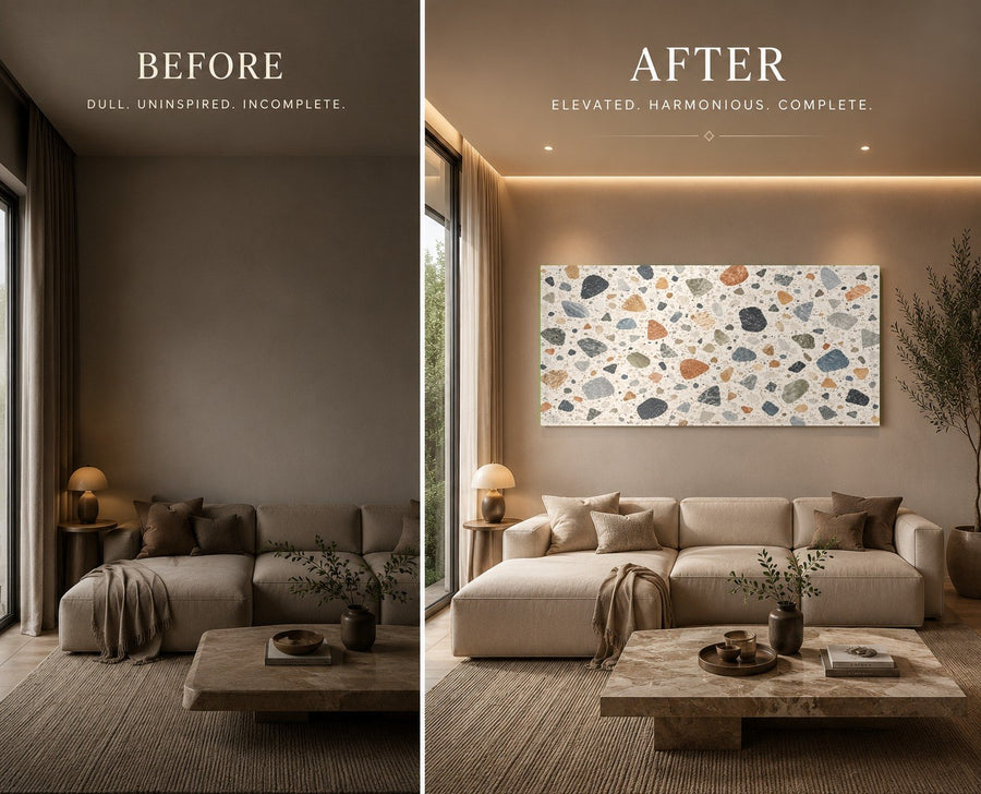Contemporary Terrazzo Mosaic glass art adding texture to a bright, modern bathroom wall.