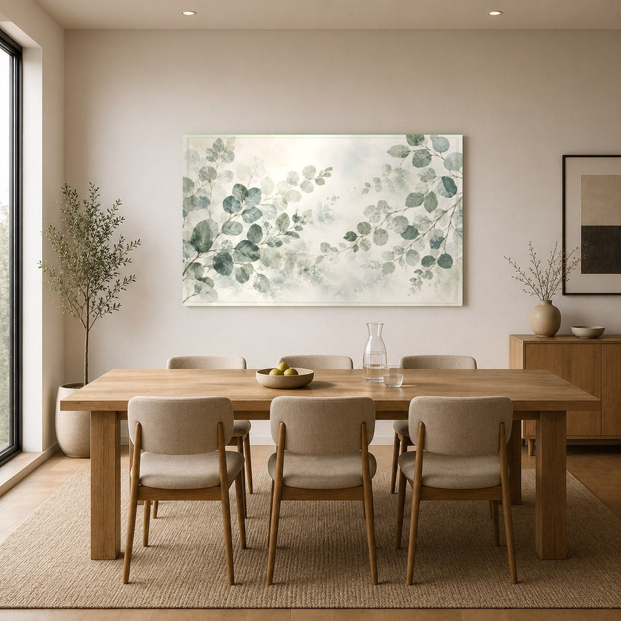Minimalist botanical glass wall art adding a touch of nature to a contemporary office meeting room.