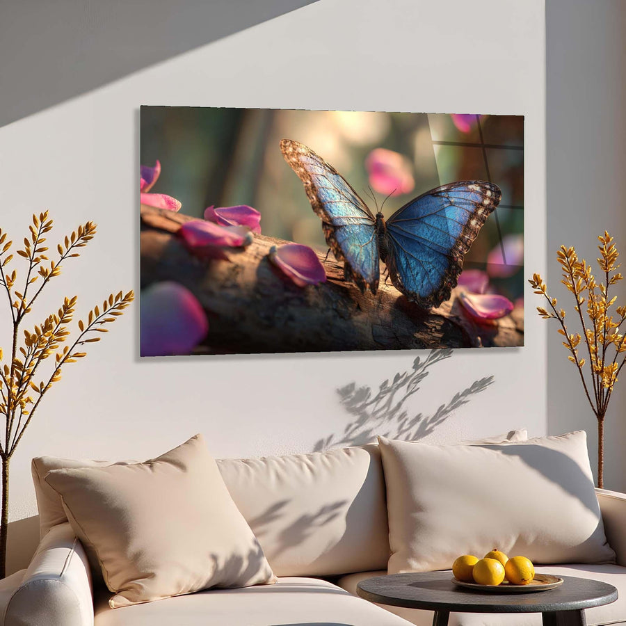 Blue butterfly on a floral arrangement in a living room setting