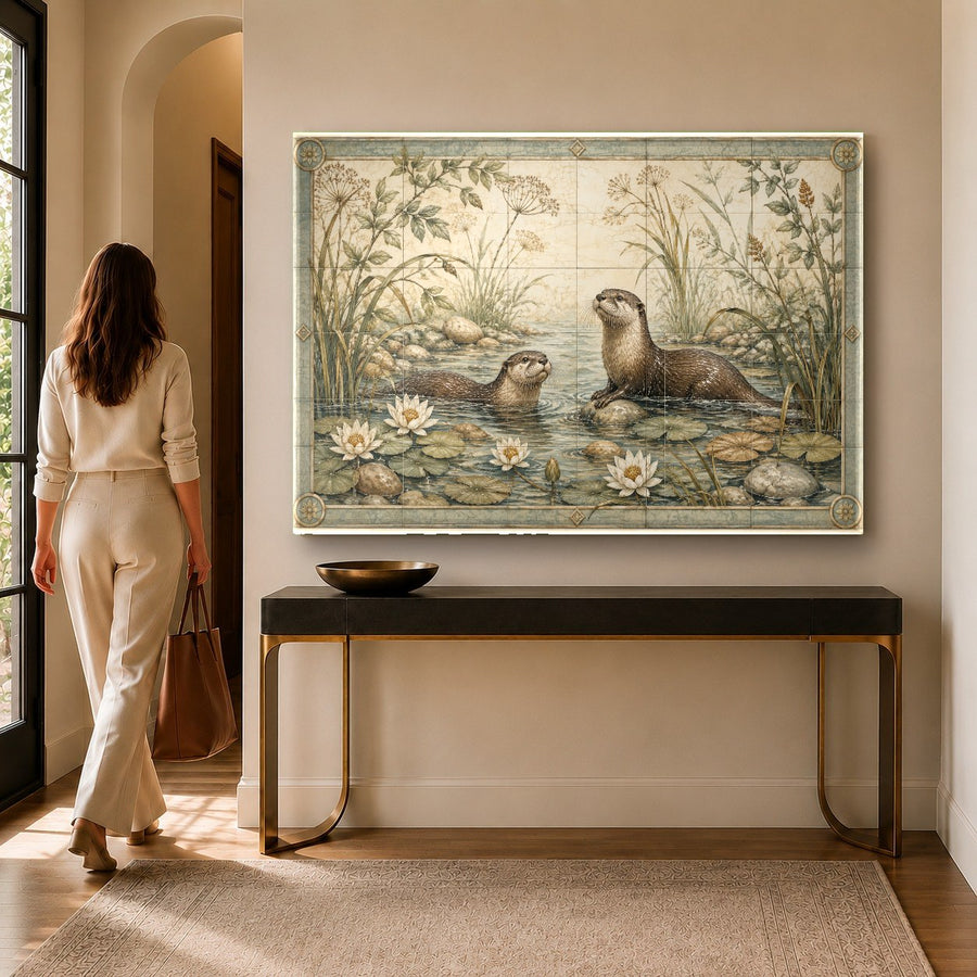 Majestic animal tempered glass print hanging in a rustic-chic executive home office