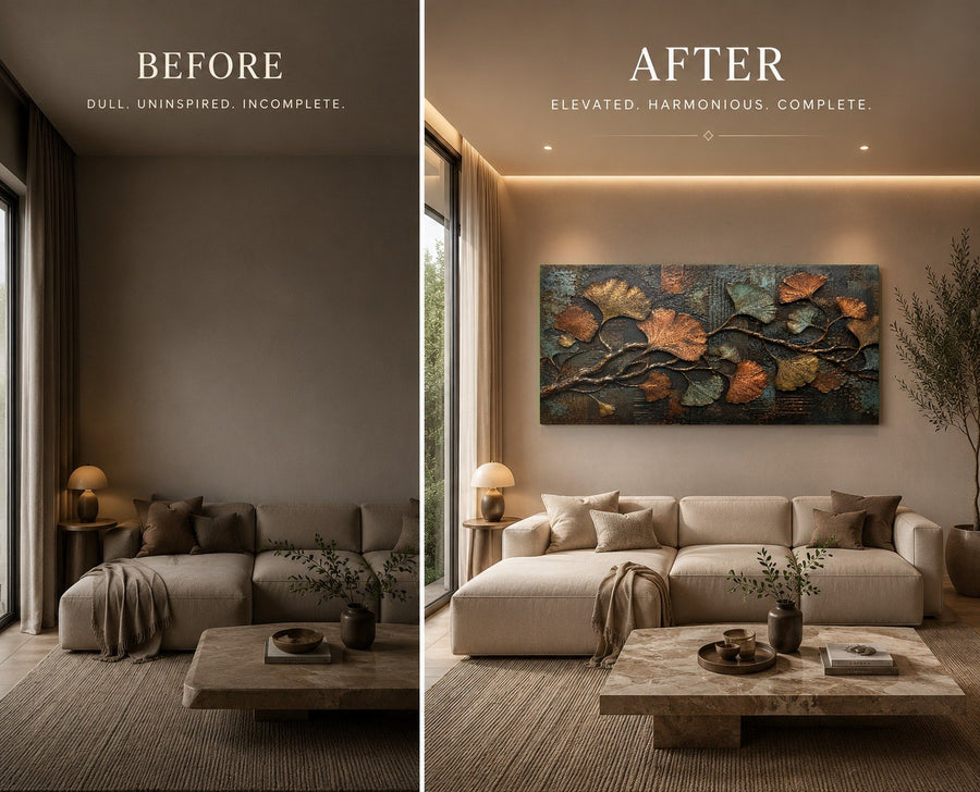 Side profile angle of the Ginkgo Metal Glass Wall Art showing the sleek aluminum alloy frame