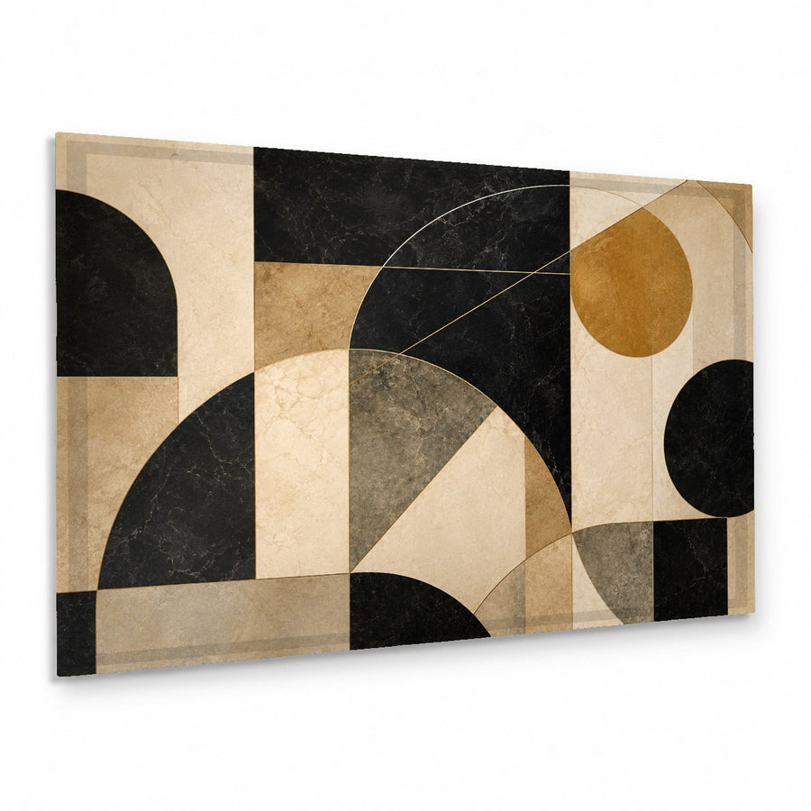Modern Geometry glass wall art hanging above a sleek grey sofa in a minimalist living room, angled view.
