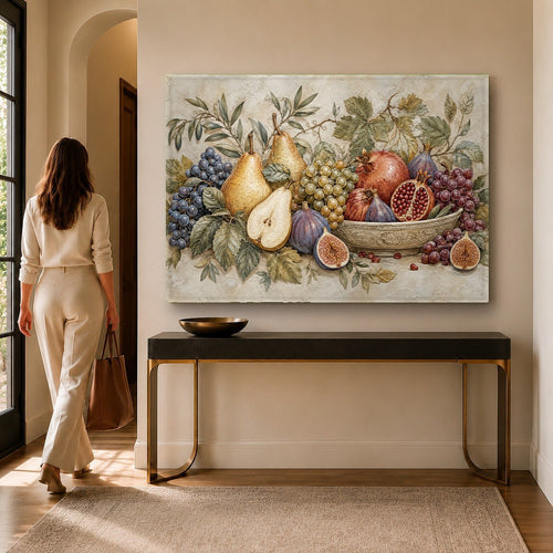 Modern kitchen with vibrant citrus glass wall art hanging above a marble countertop.