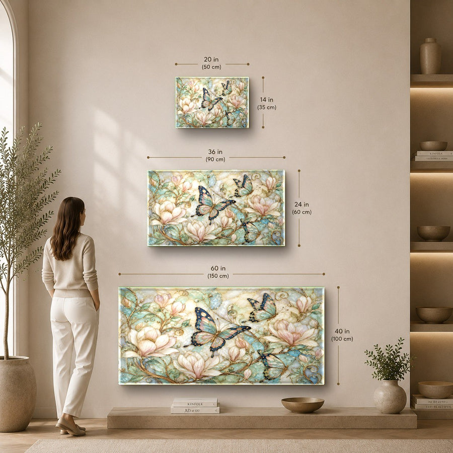 A wide shot of the golden butterfly art piece perfectly centered above a console table in a stylish entryway.