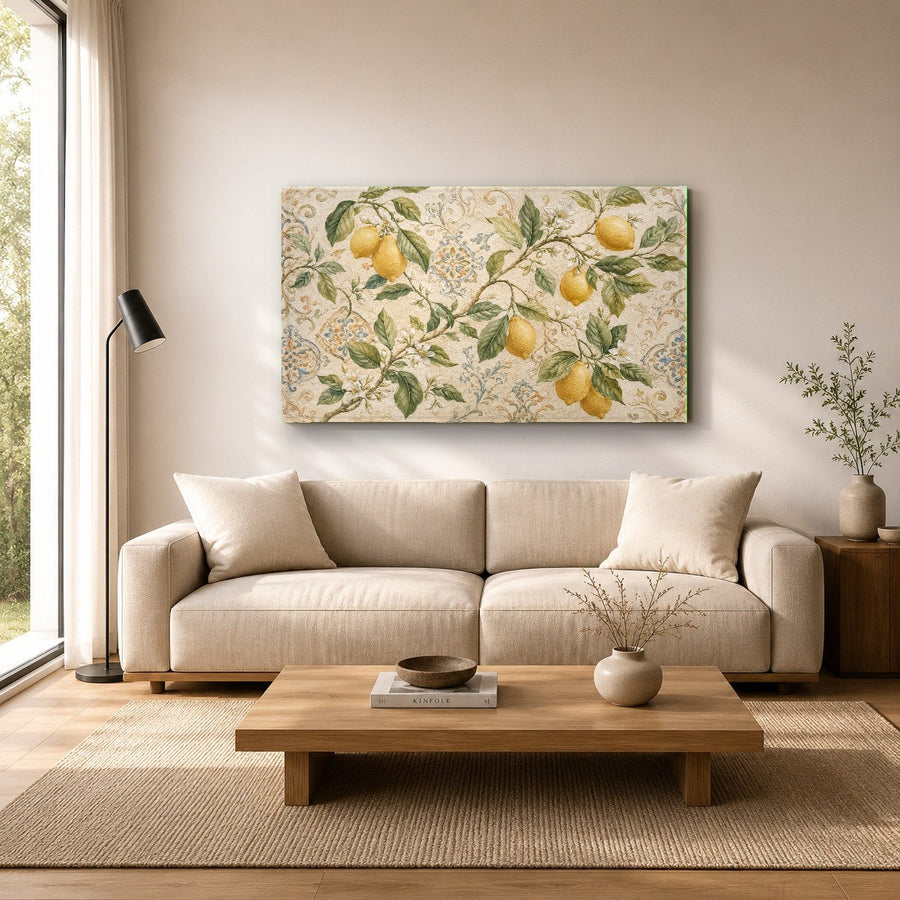 Stylish lemon branch glass print styled in a contemporary living room with neutral decor.