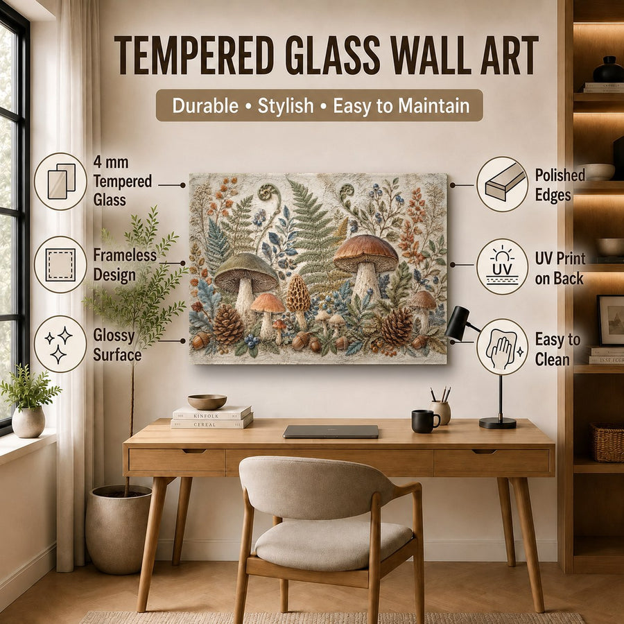 Modern dining room featuring a large nature-themed mushroom garden tempered glass art piece on a dark accent wall.