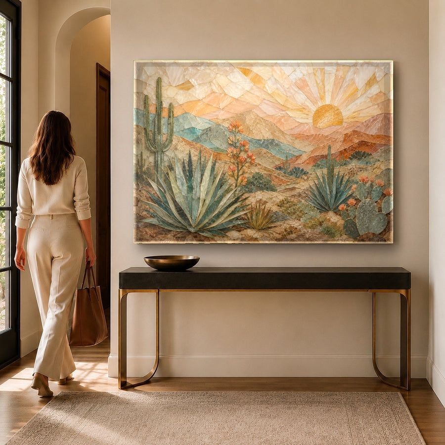 Close-up angle of the Western Sunrise Glass Wall Art showing vibrant amber and violet desert tones