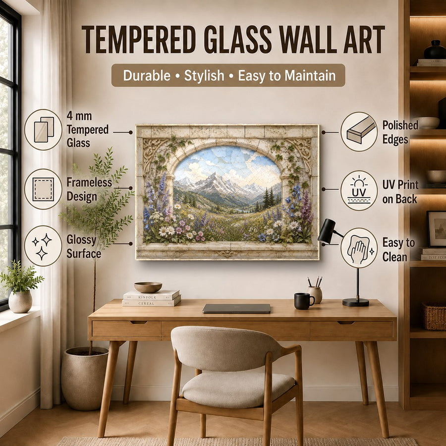 Mystical garden glass print hung on a dark accent wall in a sophisticated home office.