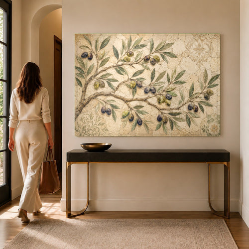 Olive Grove Glass Wall Art hanging above a rustic wooden dining table
