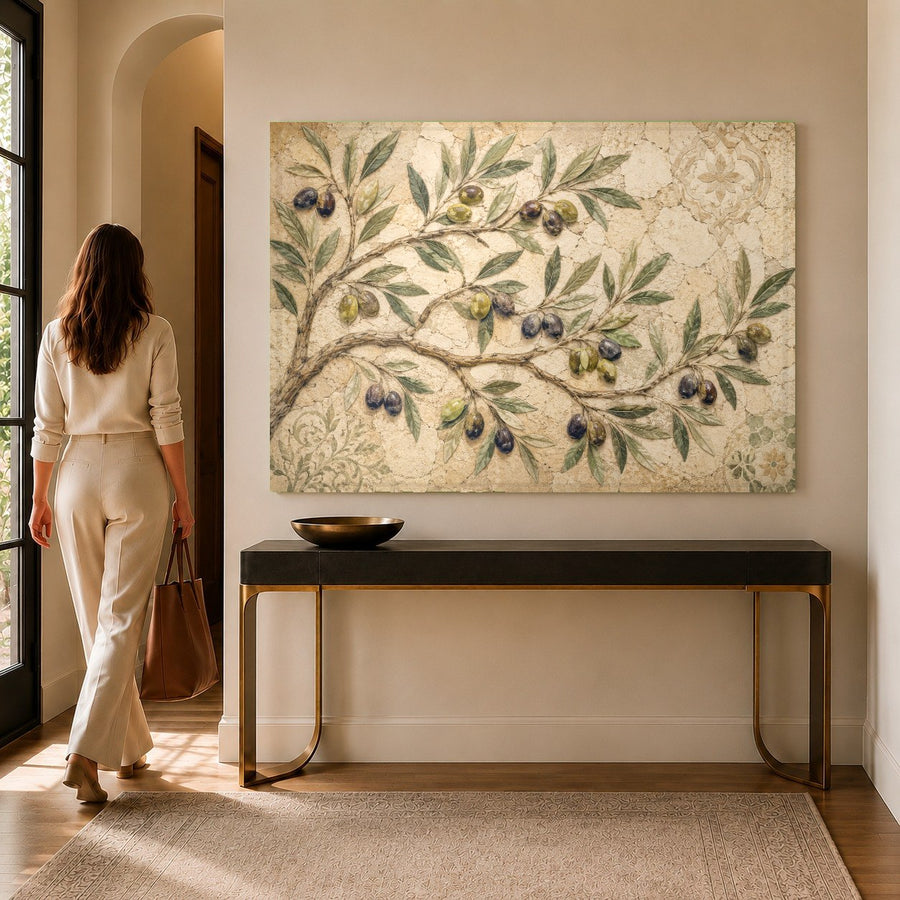 Mediterranean landscape glass print displayed in a brightly lit modern living room