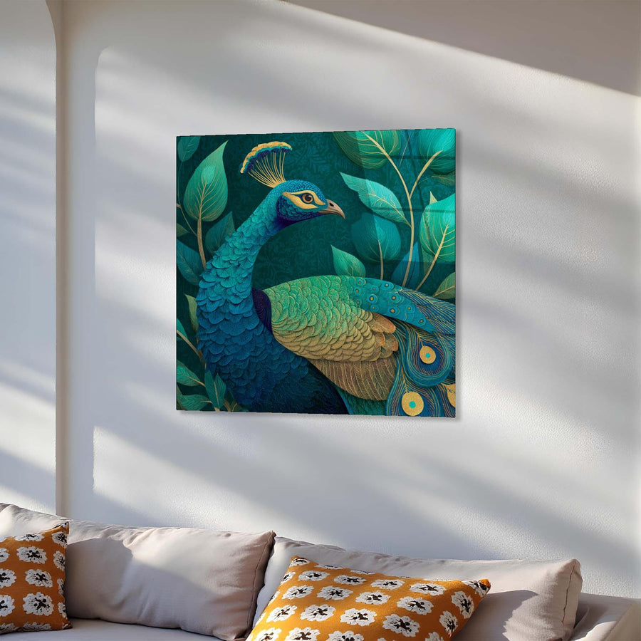 Peacock painting on a wall above a sofa with patterned cushions
