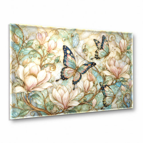 Golden Butterfly Glass Wall Art hanging above a sleek velvet sofa in a modern, sunlit living room.