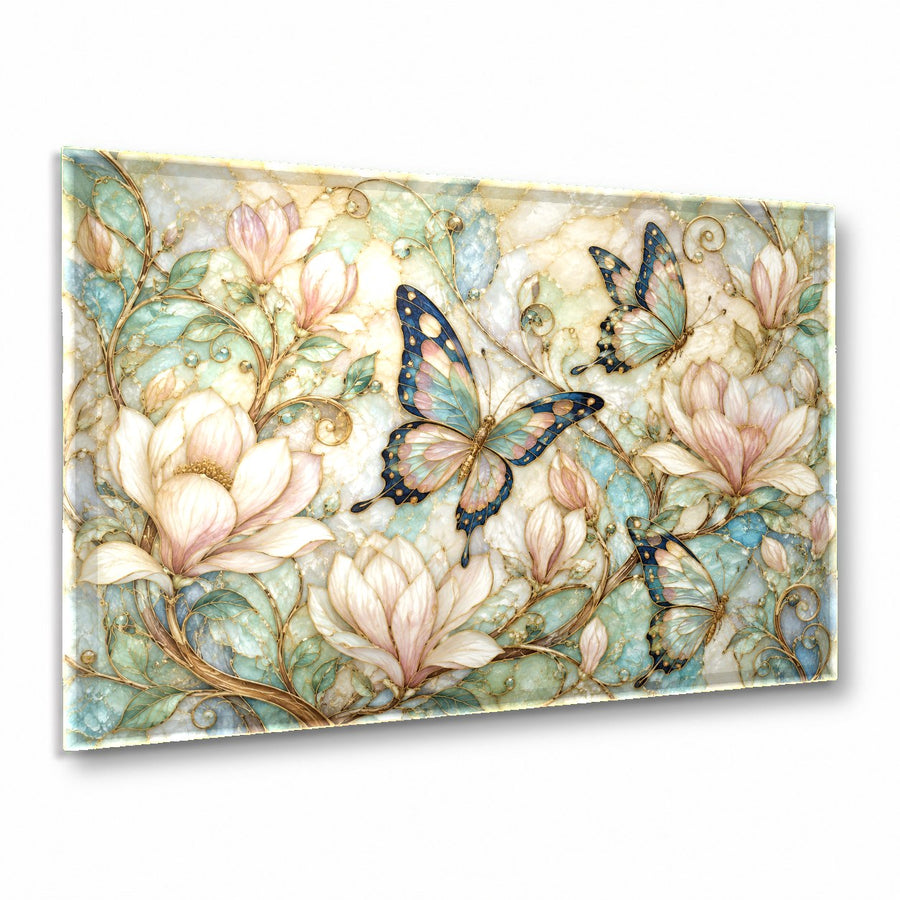 Golden Butterfly Glass Wall Art hanging above a sleek velvet sofa in a modern, sunlit living room.