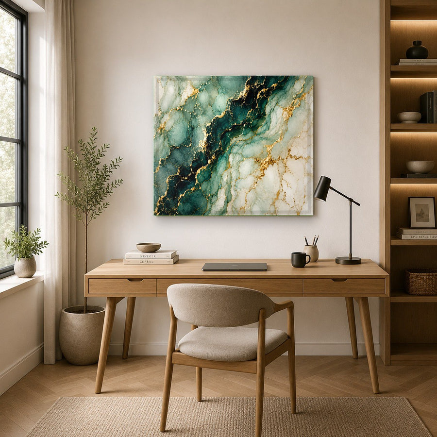 Spa reception area decorated with a calming Emerald Veins abstract glass print to create a high-end, serene vibe.