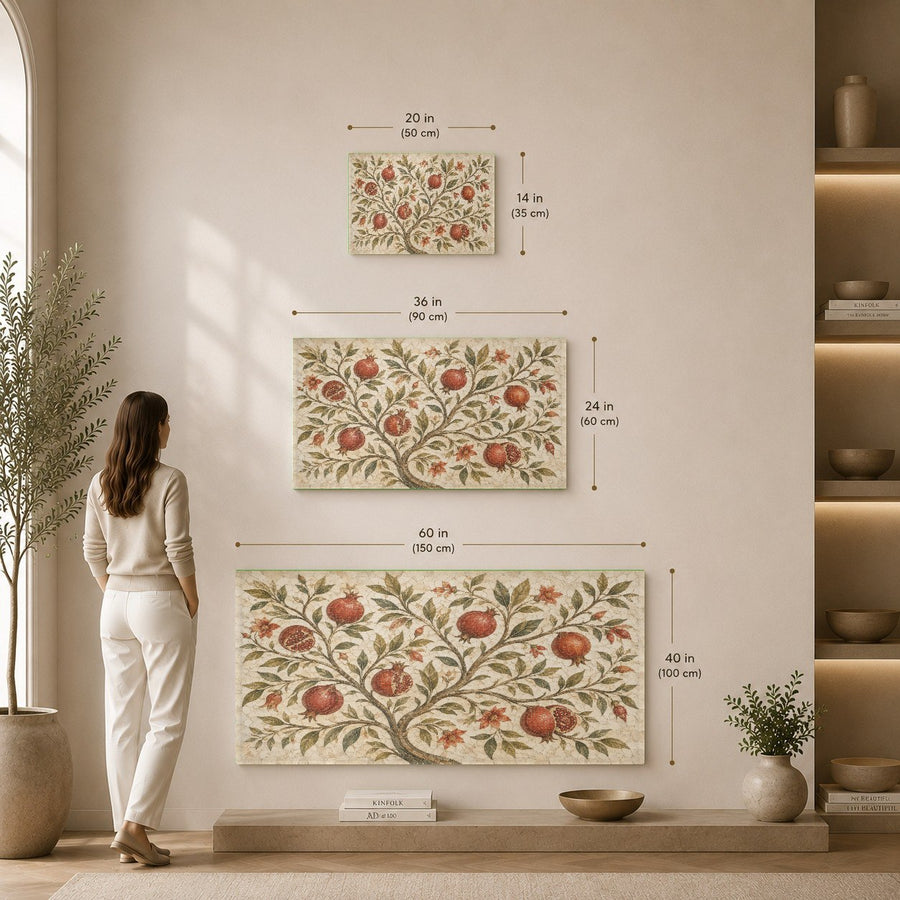 Pomegranate Garden glass wall art hanging in a cozy, rustic breakfast nook with warm ambient lighting.