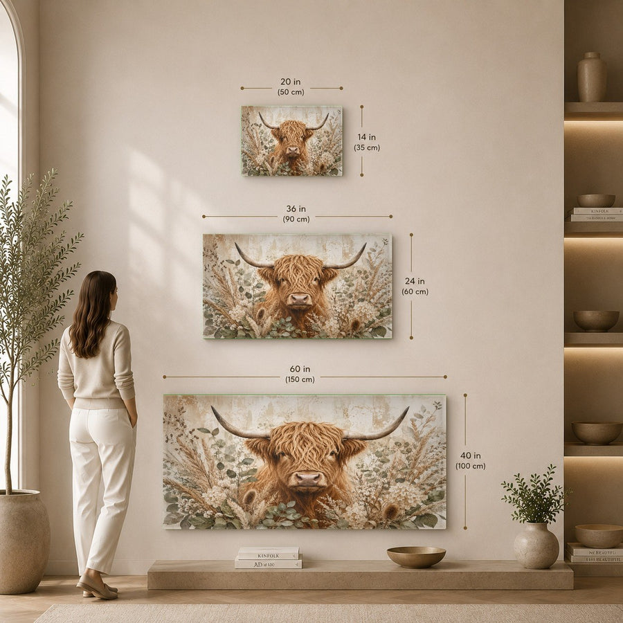Angled shot of a modern farmhouse cow glass print mounted on a gray accent wall in an office.