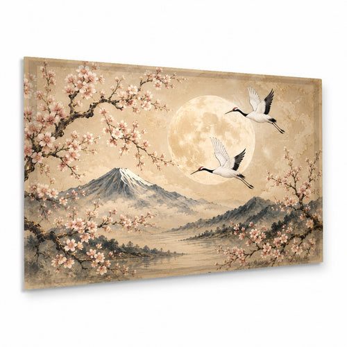 Moon Cranes Glass Wall Art displayed above a neutral-toned sofa in a modern minimalist living room.