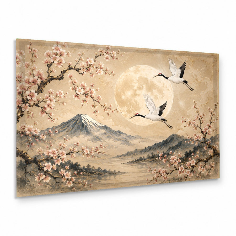Moon Cranes Glass Wall Art displayed above a neutral-toned sofa in a modern minimalist living room.