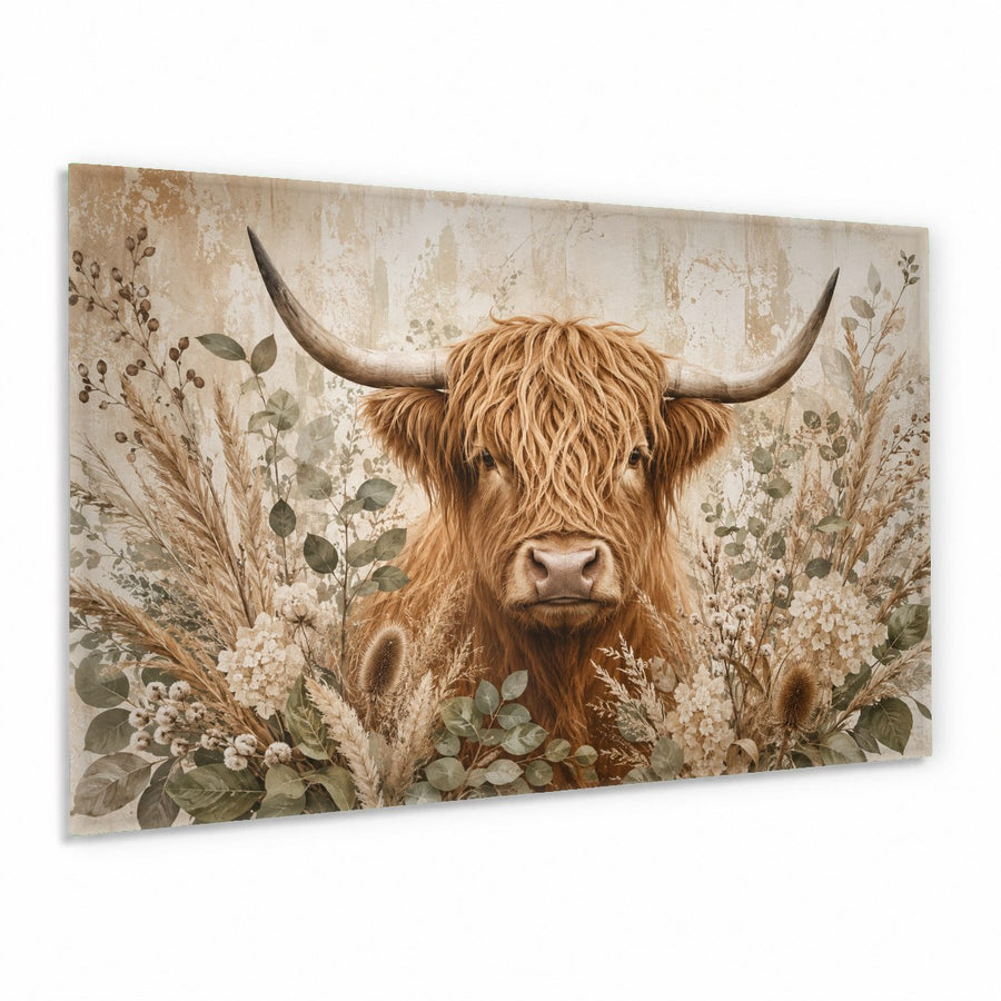 A rustic highland cow glass wall art print hanging in a modern farmhouse living room above a cream-colored sofa.