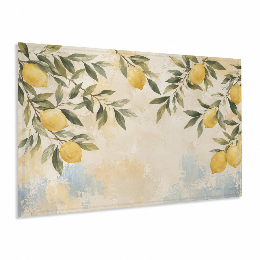 Lemon Tree Glass Wall Art hanging in a bright, modern white kitchen above a marble countertop