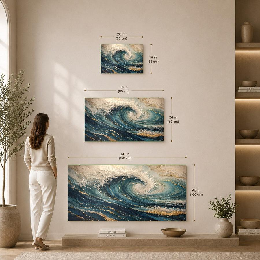 An oversized ocean waves glass wall art piece creating a dramatic focal point in a contemporary hotel lobby.